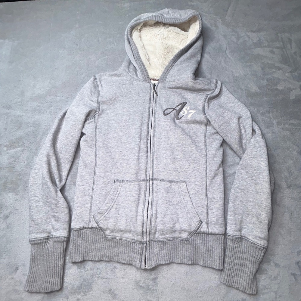 Y2K Aeropostale Hoodie Full Zip Womens Small Gray Faux Fur Lined Fleece Logo